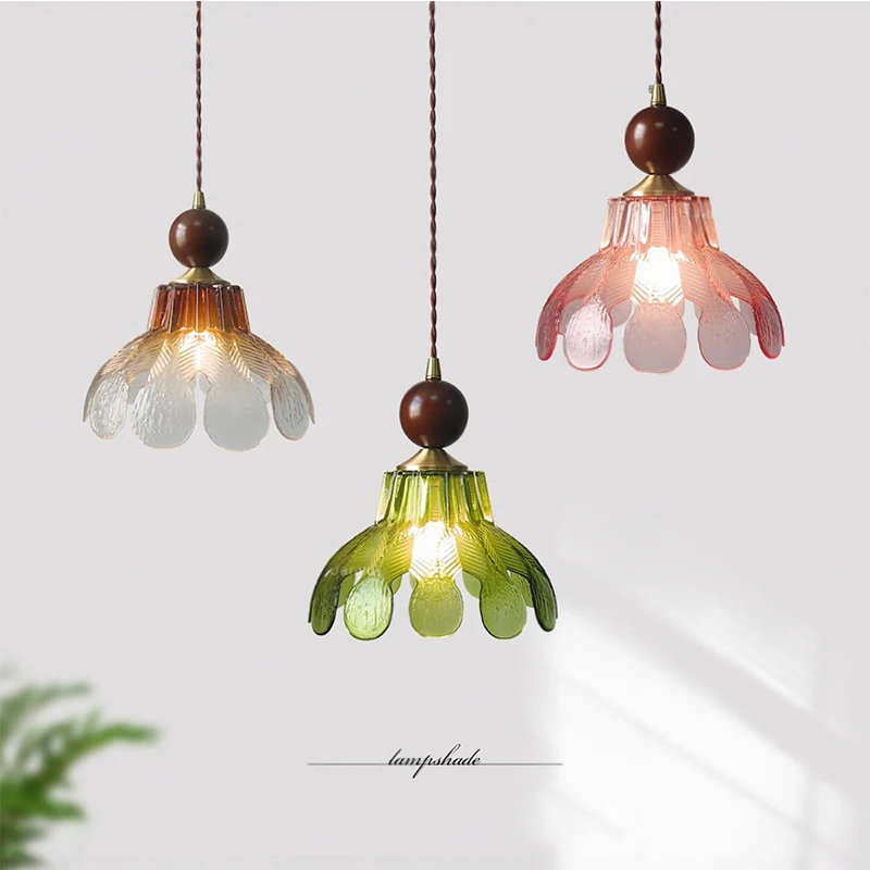 

Home Decor LED Pendant Light Coffee Green Pink Glass Lampshade Hallway Dining Room Natural Wood Nordic Pendant Hanging Lamp