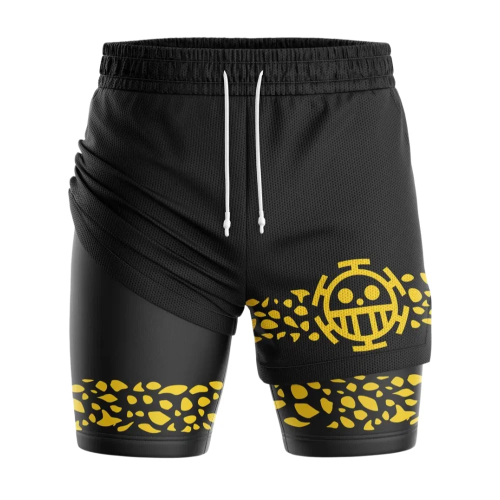 Pantalones Cortos Deportivos 2 en 1 de Doble Capa de Anime One Piece, Trafalgar Law Punk Hazard V3, de Secado Rápido, Suaves y Ligeros para Verano