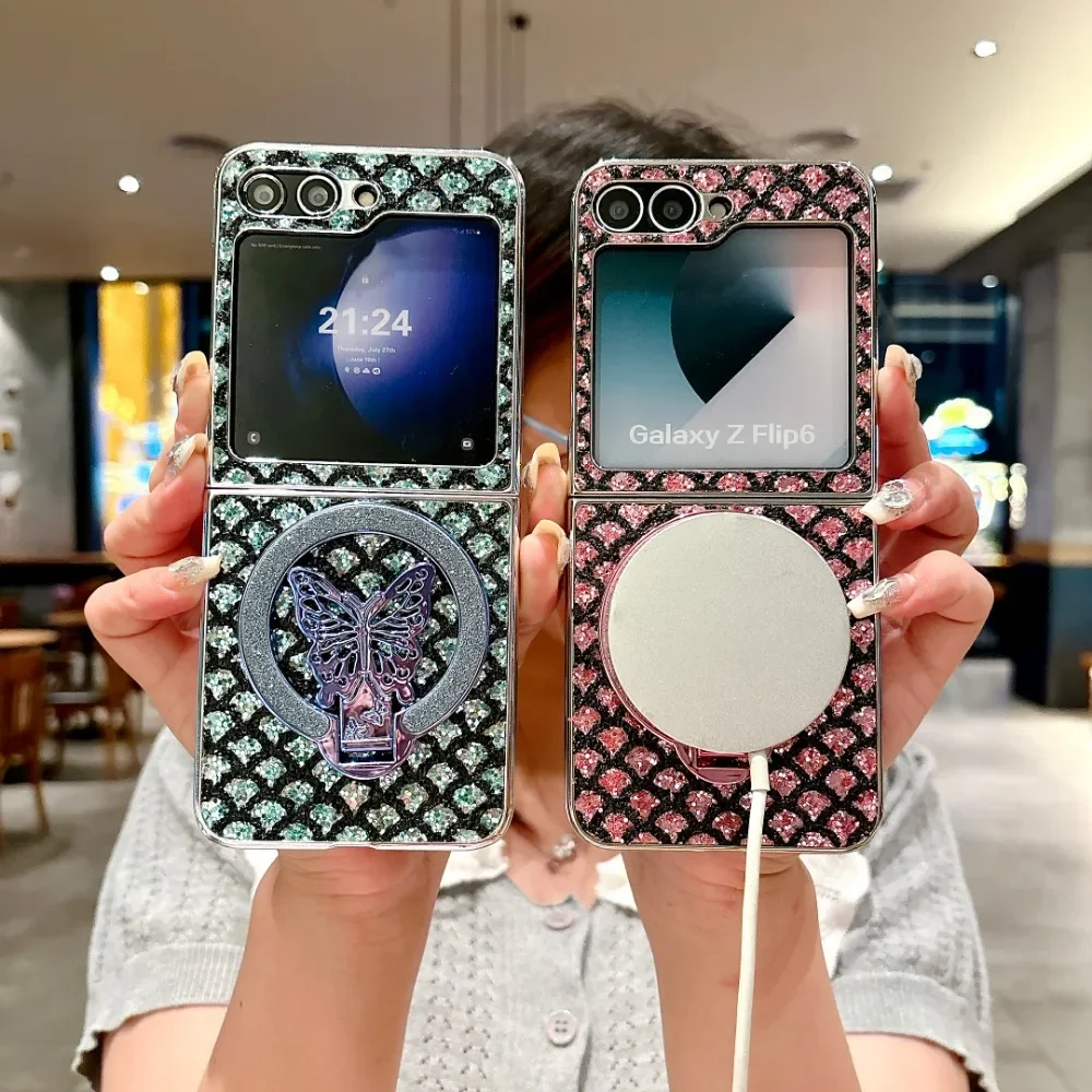 Electroplated Magnetic Leather Phone Case for Samsung Z Flip 6 5 4 3 Flip6 Flip5 Flip4 Flip3 Butterfly Bracket Protective Cover image 5