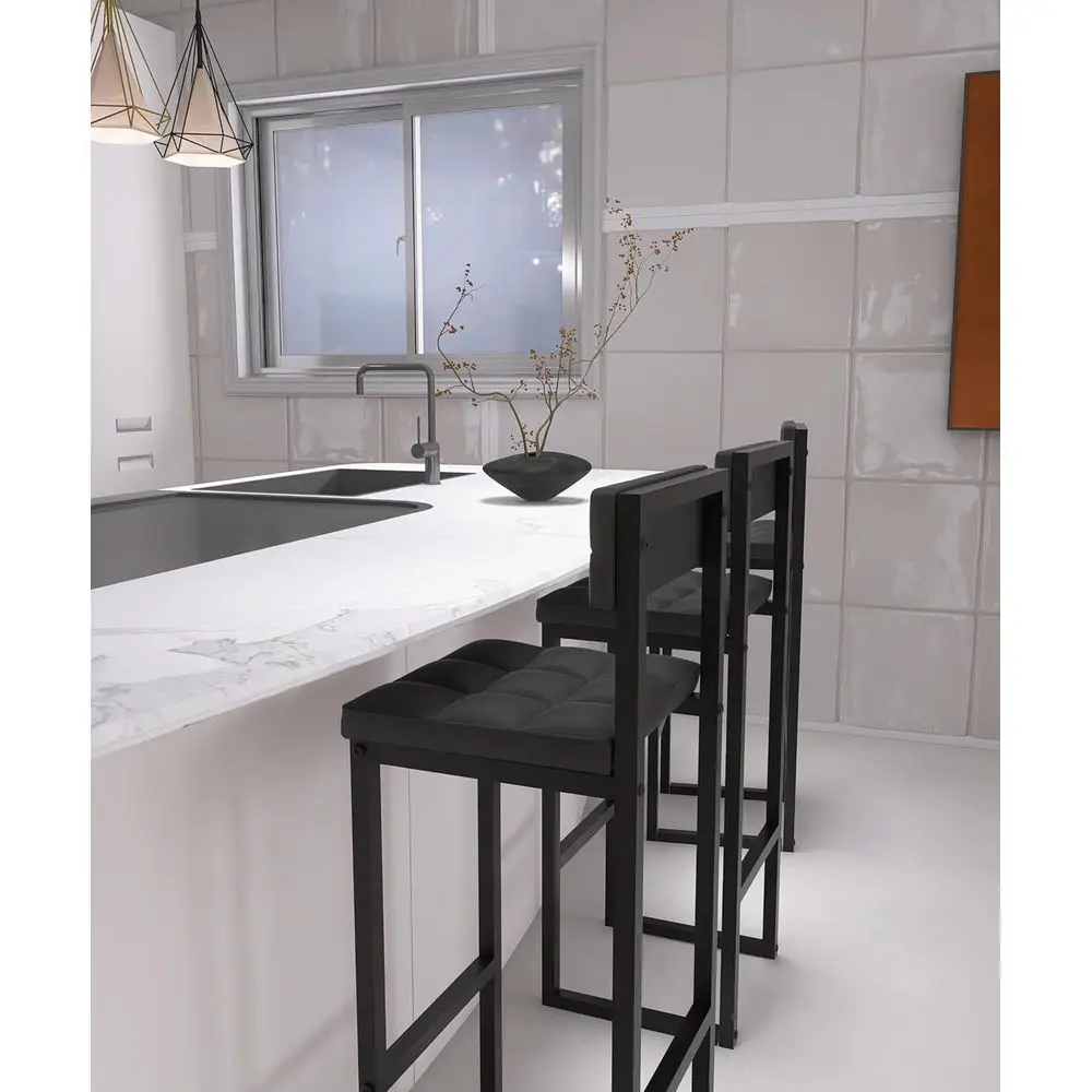 Paar 27 barkrukken met rugleuning, gewatteerde PU-leren stoelen, voetsteunen, zwart metaal, voor keuken of eetkamer