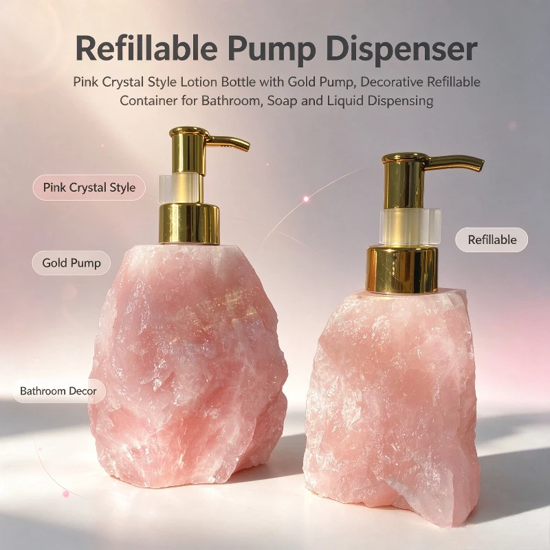 2PCS Pink Crystal Press Bottle Premium Jade Texture Refillable Dispenser For Shower Gel Energy Stone Bathroom Decoration
