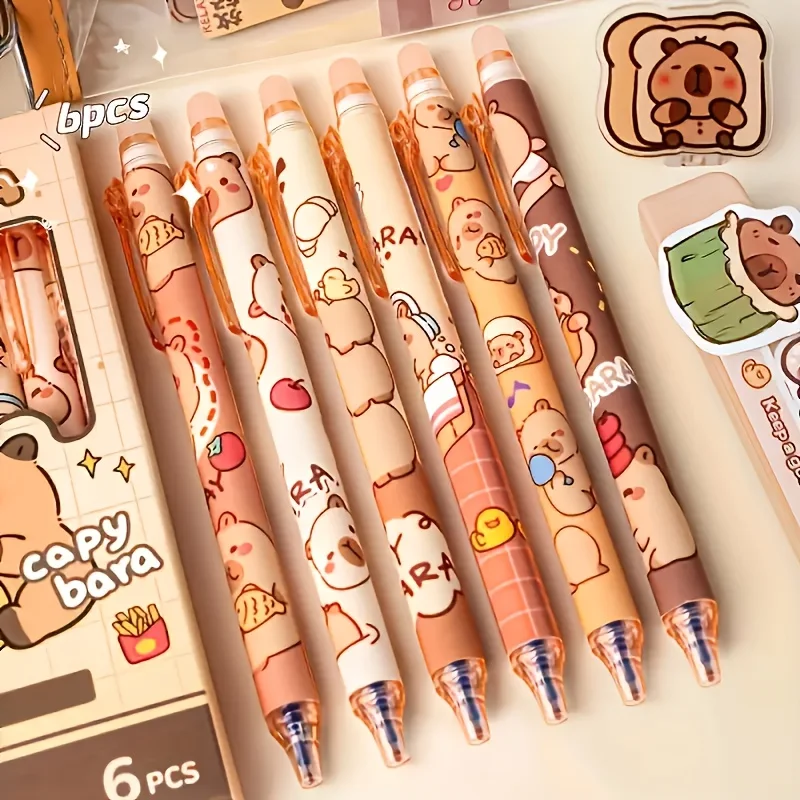 6/6Pcs Cute Capybara Erasable Gel Pens 0.5mm Blue Ink Press Retractable Rollerball Pen School Office Student Writing Stationery