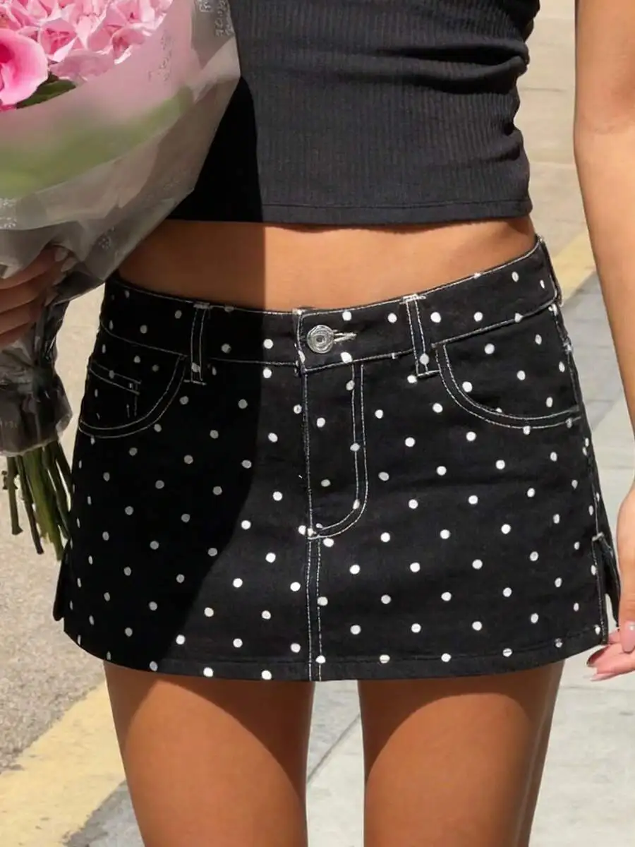 

Women Summer Mini Denim Skirt With Polka Dot Print Casual Streetwear