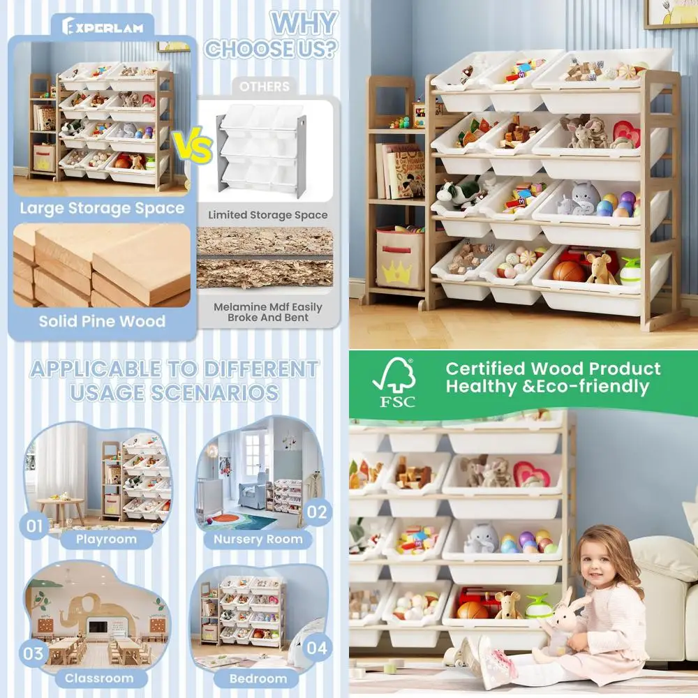 

Kids Toy Organizer with 3-Tier Bookshelf and 12 Bins, White, Ideal for Playroom, Bedroom, and Nursery Storage
