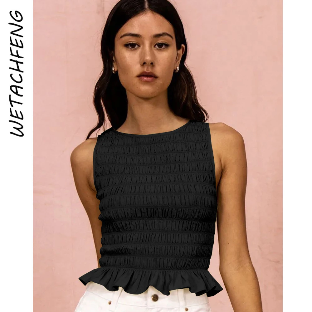 Black Sexy Sleeveless Folds Ruffles Women Tees Tops 2023 Fashion Y2K Streetwear France T Shirts Clothing Harajuku Summer Tops