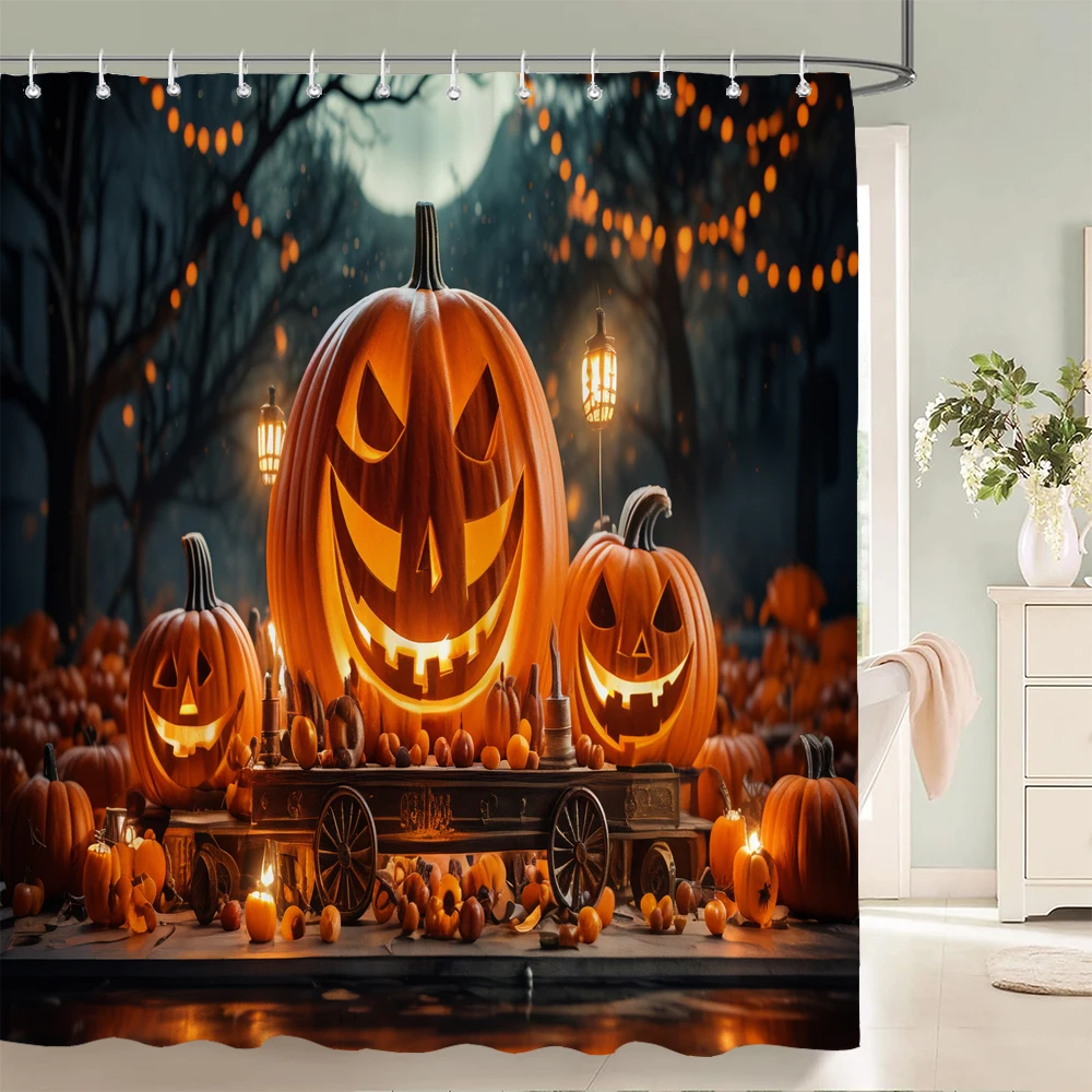 

Halloween Shower Curtain, Black Cute Orange Pumpkins Bath Curtain for Bathroom Decorations Bathroom Bathtub Screen