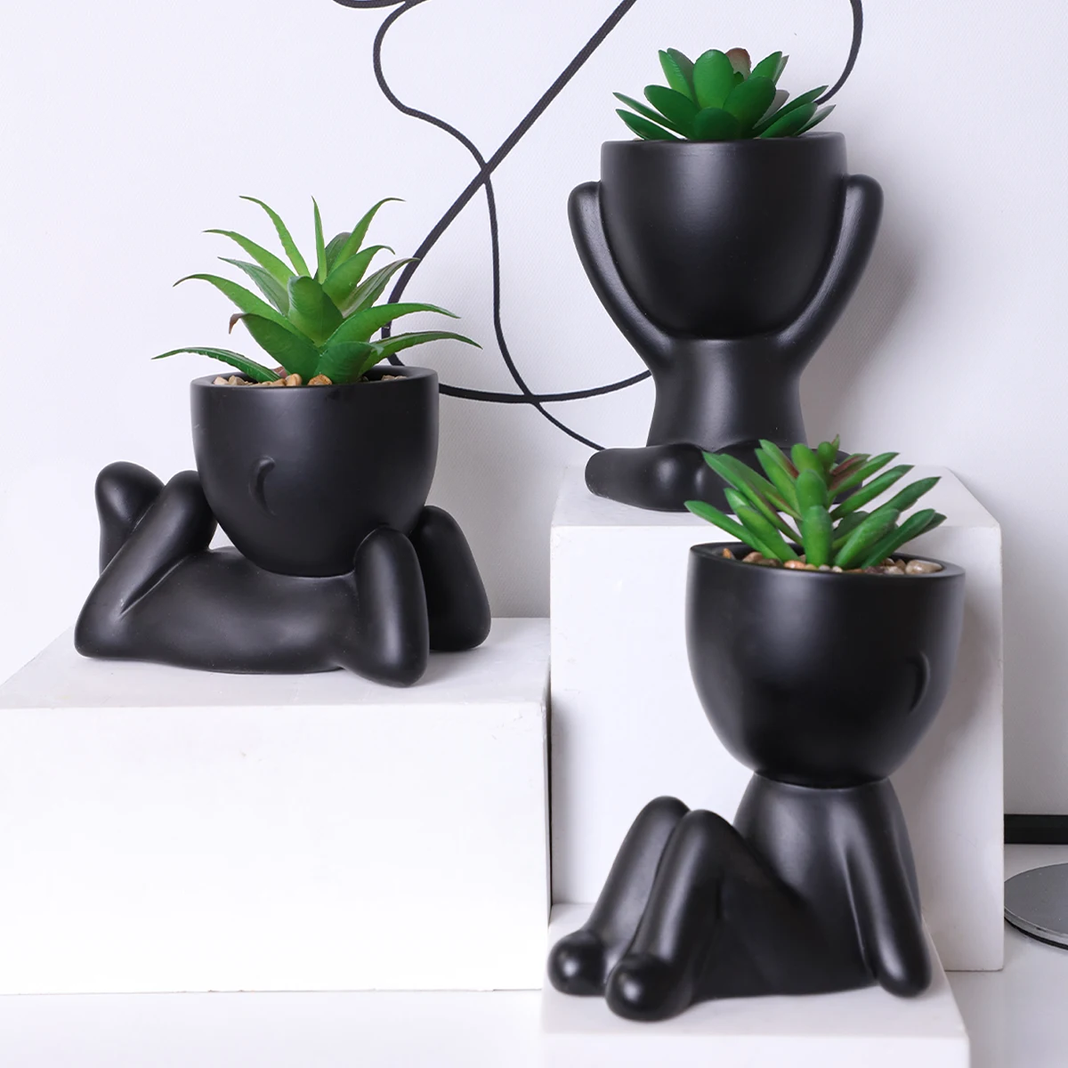 3 unids/set Artificial Aloe Vera suculenta maceta de dibujos animados planta falsa suculenta Material PE negro plantas artificiales decoración del hogar