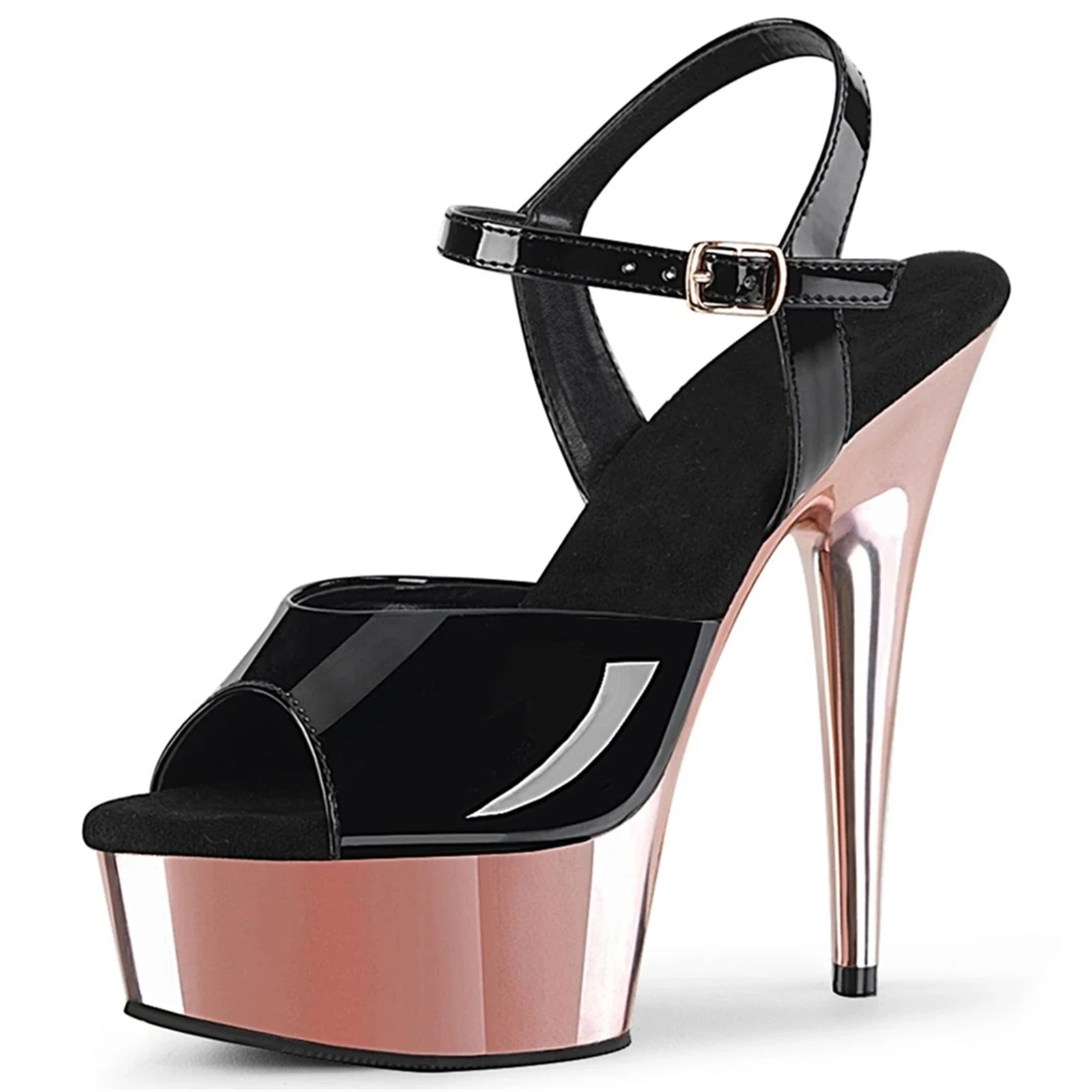 Neo Gothic Heels 15cm - Black Patent Sandals w/ Floral Transparent Heel & Wide Ankle Strap Party Shoes
