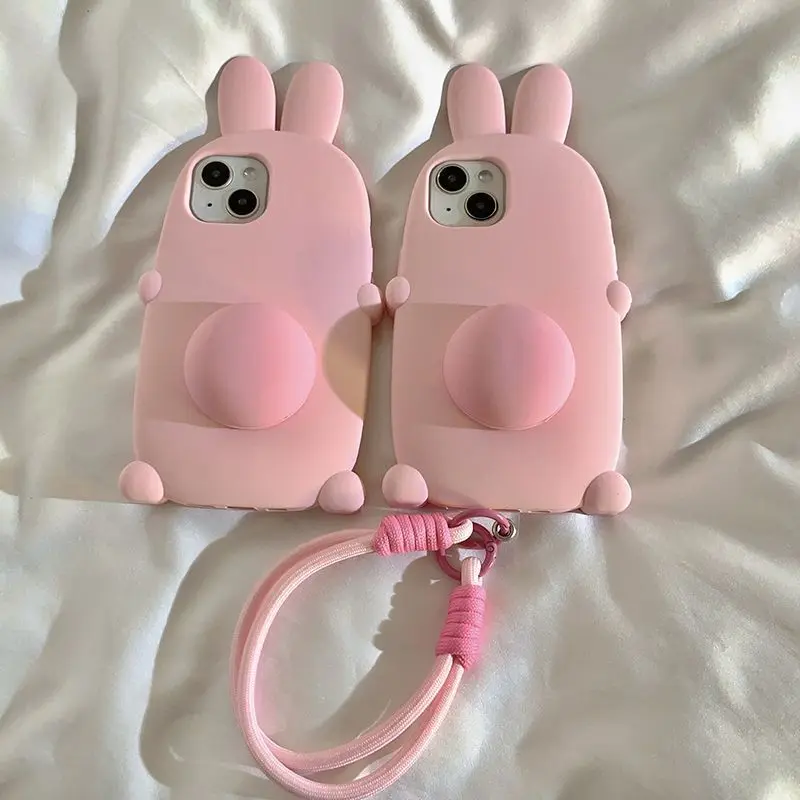 Phone Case For iPhone 16 15 14 13 Pro Max New Korean INS Cartoon 3D Pink Rabbit Shape Soft Protective Cover With Holder Lanyard
