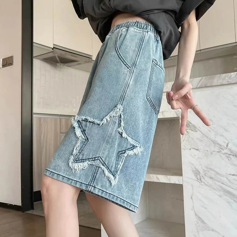Women’s High Waist Wide Leg Denim Shorts Black Medium Length Loose Baggy Jean Shorts Summer Y2K Streetwear J255