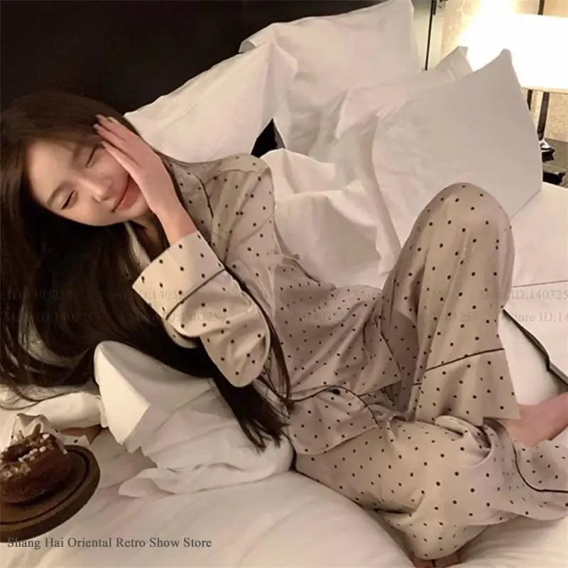 

Женский пижамный комплект: домашняя одежда с милым принтом в горошек, свободные брюки, шелковый атласный костюм для сна, сексуальное нижнее белье