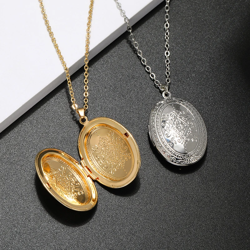 New Nordic Style Oval Carved Flower Stripe Locket Pendant Necklace Women Romantic Vintage 2 Colors Openable Photo Locket Jewelry