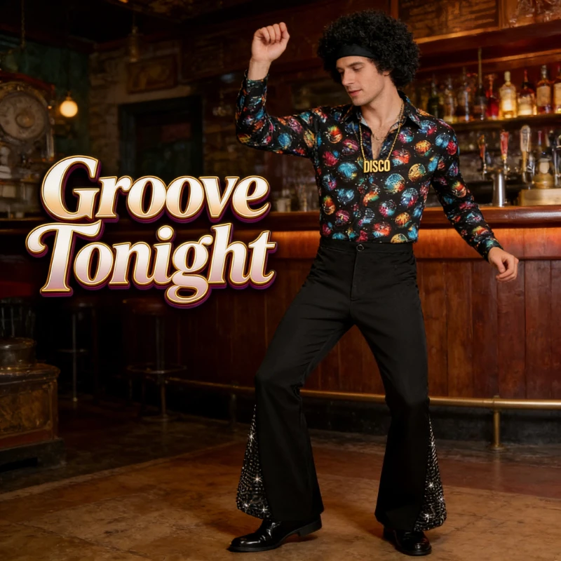 

Fashionable and Eye-catching Autumn Disco Themed Clothing for Men 70s Retro Long Sleeved Party Set