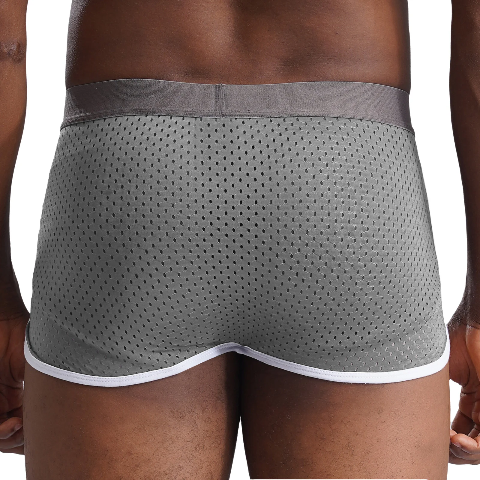 Men Hollow Out Mesh Boxer Shorts Reversible Underwear U Bulge Pouch Side Stripe Side Split Athletic Workout Casual Shorts