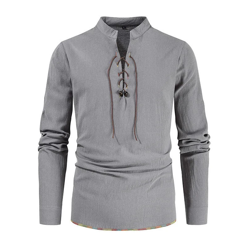 Men's Shirt Improved Henley Shirt Long Sleeve Hippie Casual Beach Stand-Up Collar Shirt European Size