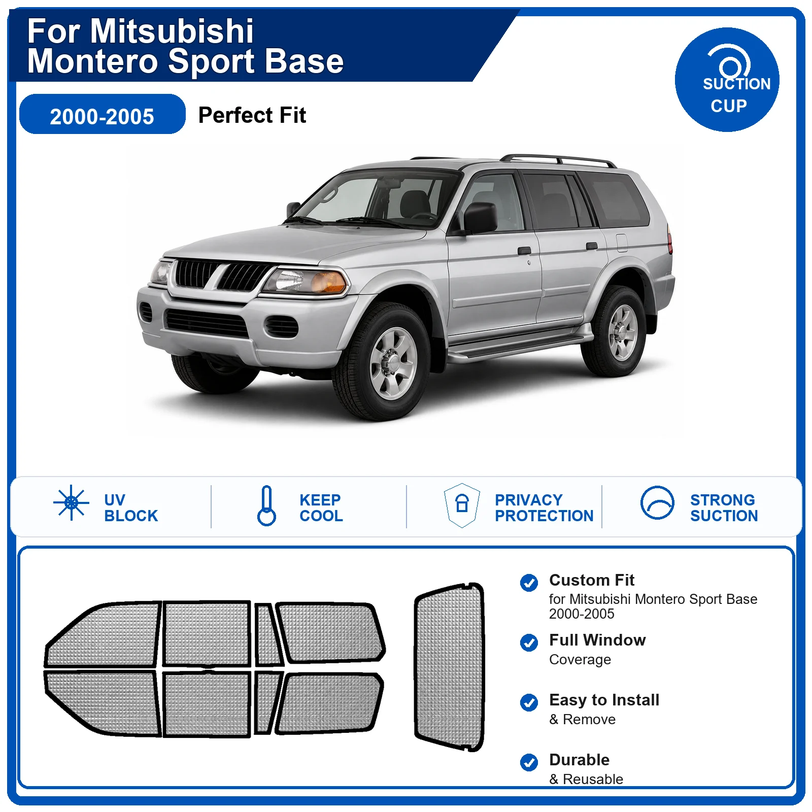 For Mitsubishi Montero Sport Base 2000-2005 Custom Full Set Windshield Sun Shade Aluminum Foil Heat Insulation Anti UV Foldable