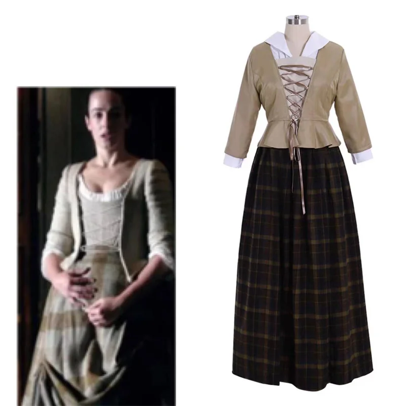 Outlander Jenny Fraser Murray Cosplay Costume  Highland Scotland Shirt Ruffle Coat Plaid Skirt Halloween Carnival Party Suit