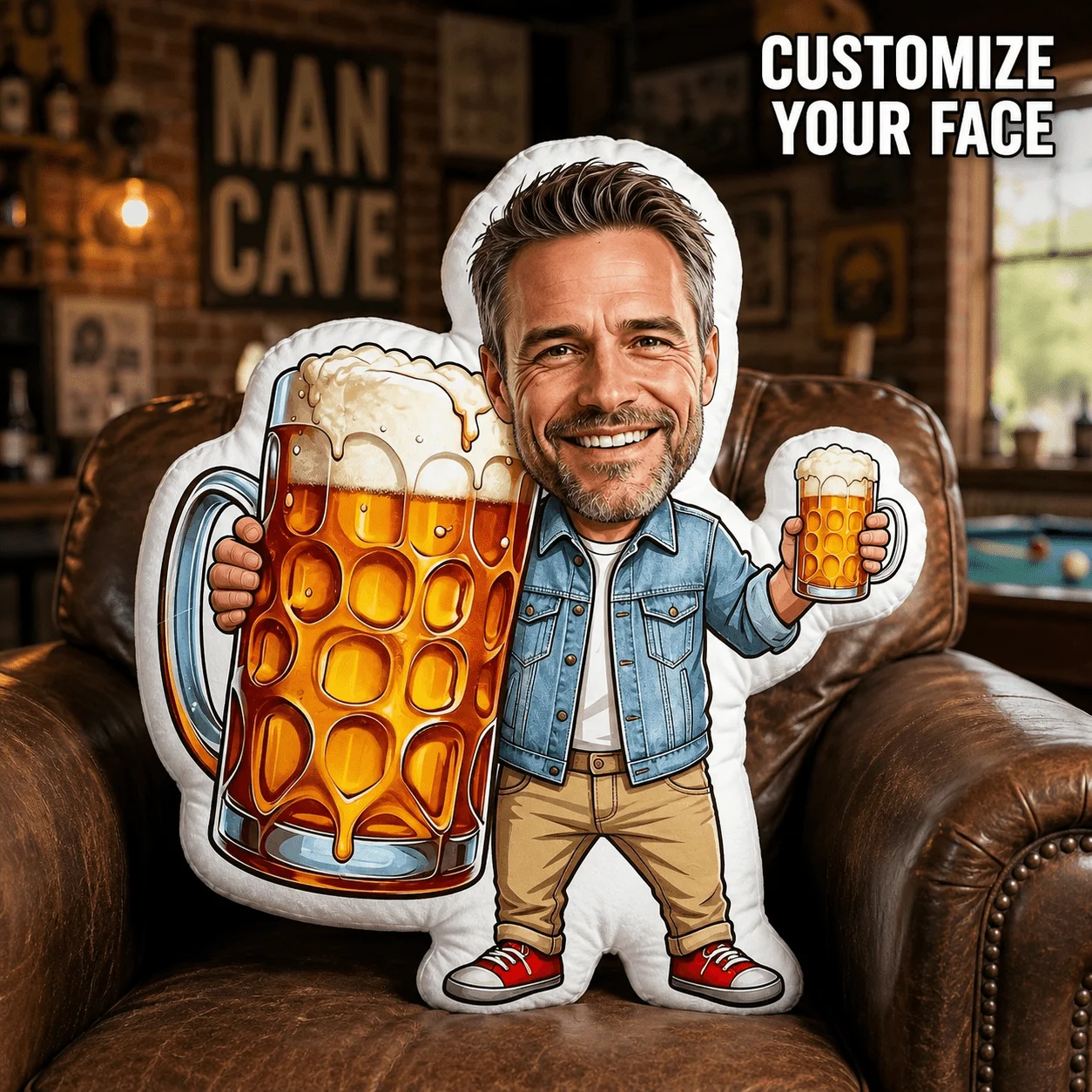 Customized facial beer cup shaped pillow, personalized photo decoration cushion, men's handheld beverage design, 60cm large deco