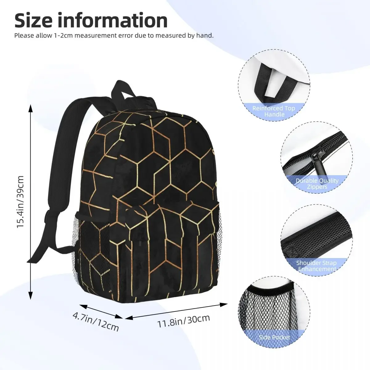 Black Hexagons Backpacks Boys Girls Bookbag Cartoon Students School Bags Travel Rucksack Shoulder Bag Large Capacity