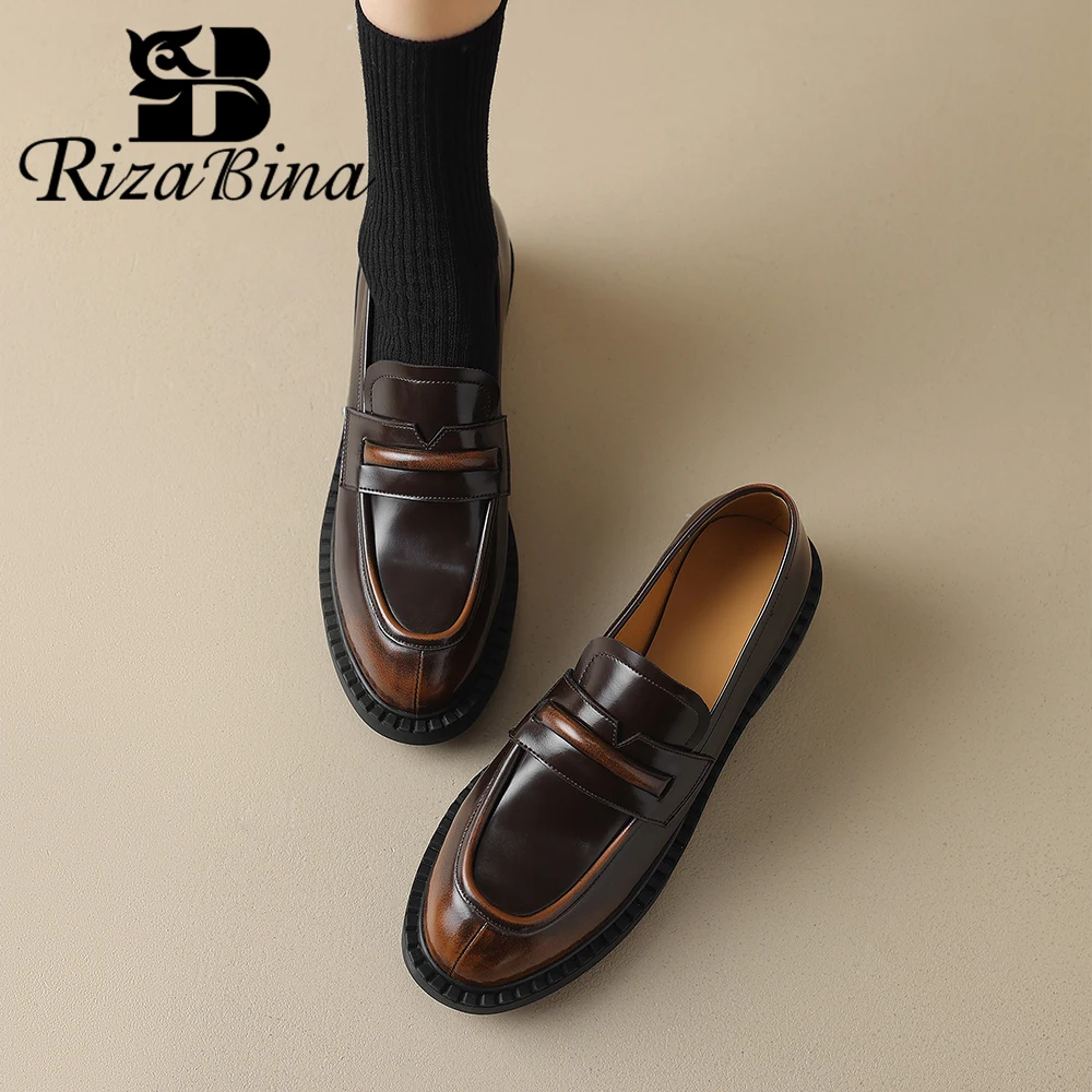 

RIZABINA Real Leather Women Penny Loafers Round Toe Flats Slip-on Vintage Ladies Casual Shoes Lady Spring Office Daily Footwear