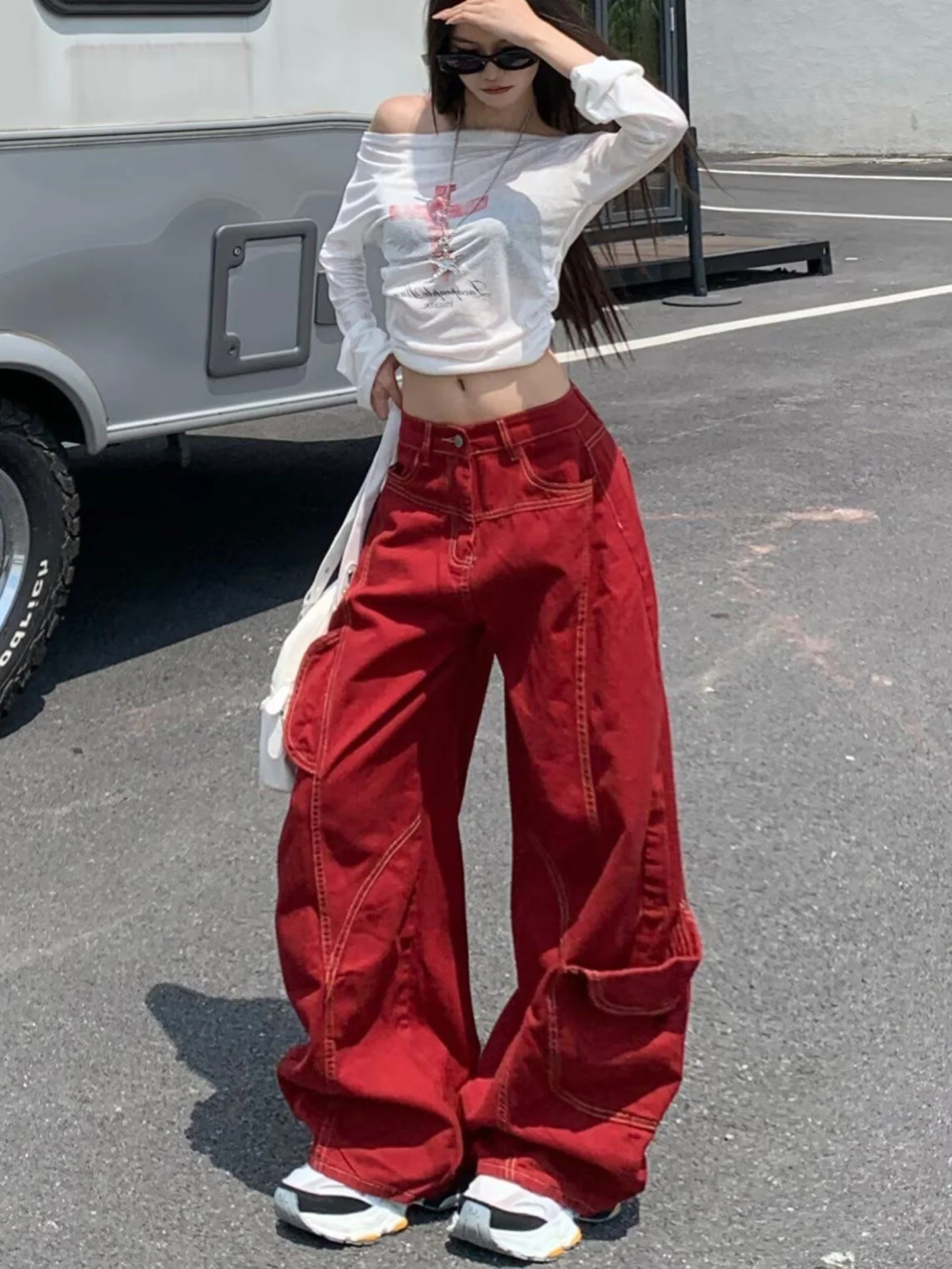 American Style Red Workwear Denim Pants Women's Loose Wide Leg Floor Length Jazz Dance Trousers High Waist Straight Cut Jeans