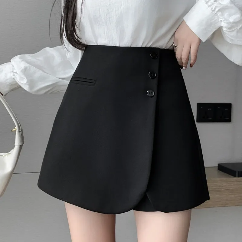 Gray Office OL Womens Skirts Shorts With Button 2024 Fall High Waist Suits Fabric Short Trousers Femme