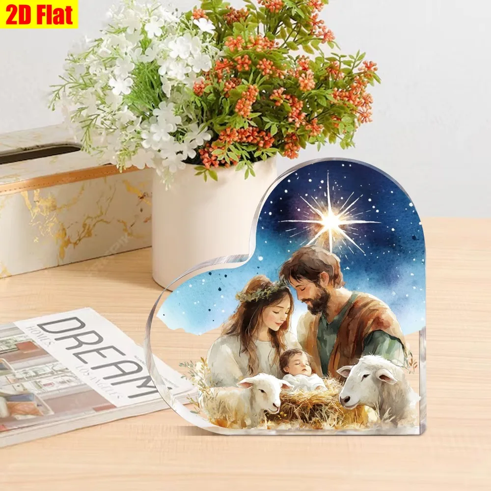 2D Flat, Heart-Shaped Acrylic Sign Nativity Scene Ornament, Religious Decorative Plaque with Starry Night Background, Ideal for Christmas, Religious Gift Item, Starry Night Theme, Home Bedroom Living Room Desk Acrylic Decoration