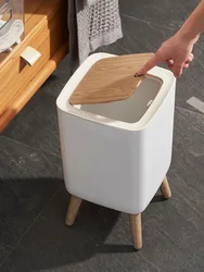 Trash Can with Lid Press Dustbin for Living Room Toilet Bathroom Kitchen Garbage Bucket High Foot Imitation Wood Rubbish Can