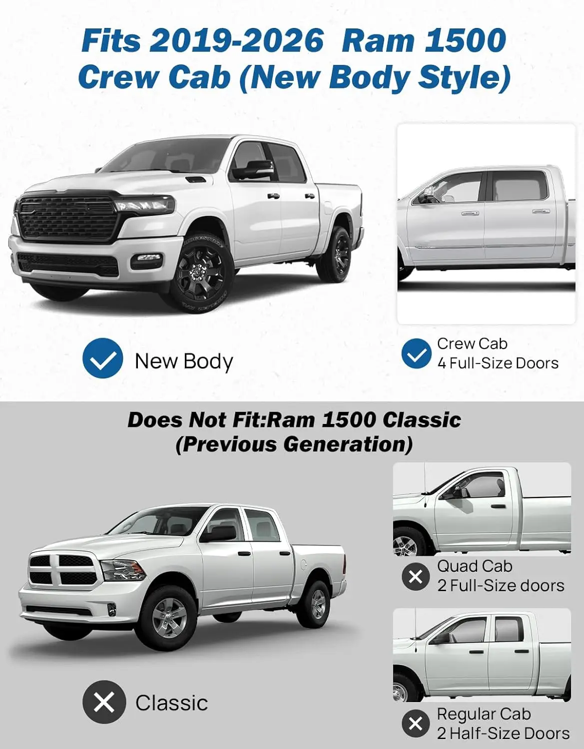 Two - Stairs Anti - Slip Running Boards for 2019 - 2026 Ram 1500 Crew Cab New Body Style, No - Drill Bolt - on, 500LB Capacity