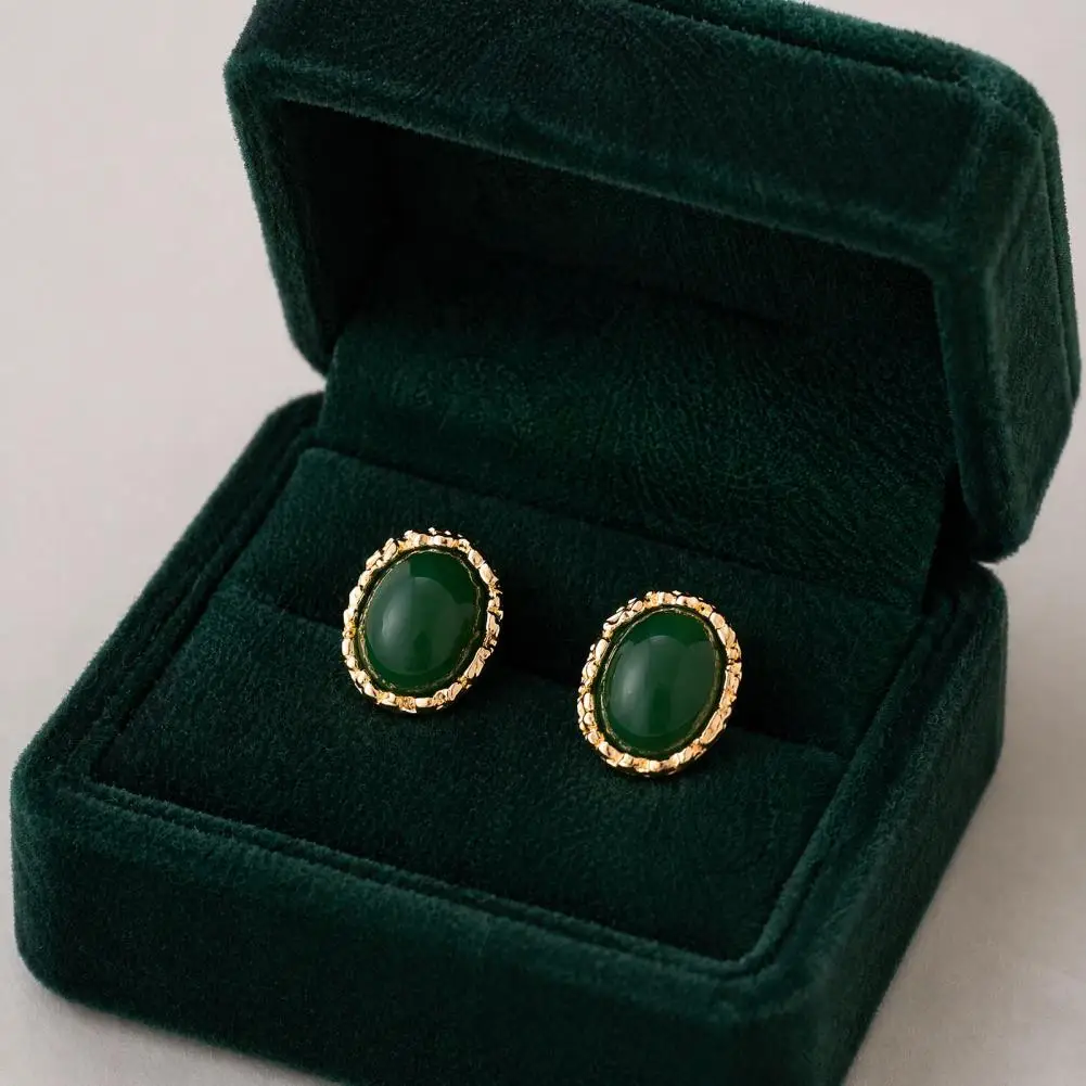 1 Pair Vintage Oval Stud Earrings Women Retro Statement Gemstone Earrings Gold Frame Chunky Stone Jewelry Daily Party