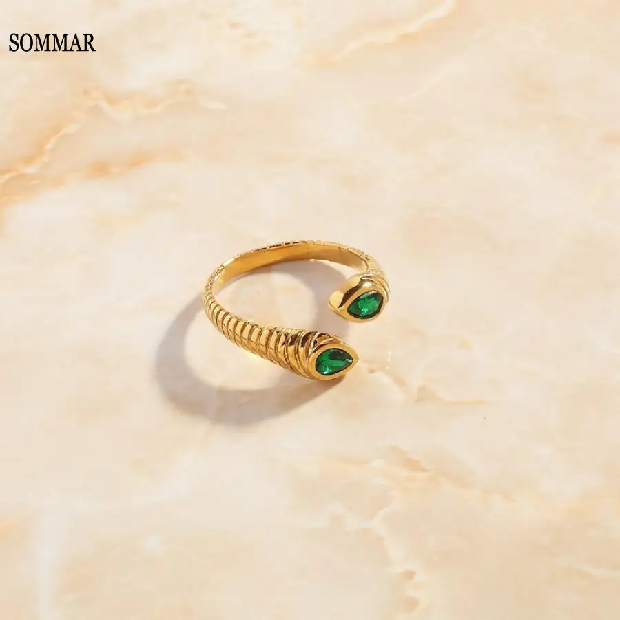 SOMMAR Hot Sale Gold color size Resizeable Perfume women Knuckle Rings Ins green zircon open ring ring men bijoux women