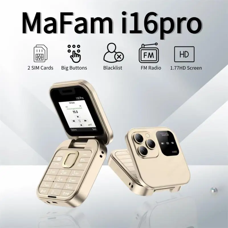 i16pro Mini Flip Mobile Phone FM Radio Voice Blacklist Speed Dial Vibration 2 SIM Card Small Display Foldable Phone