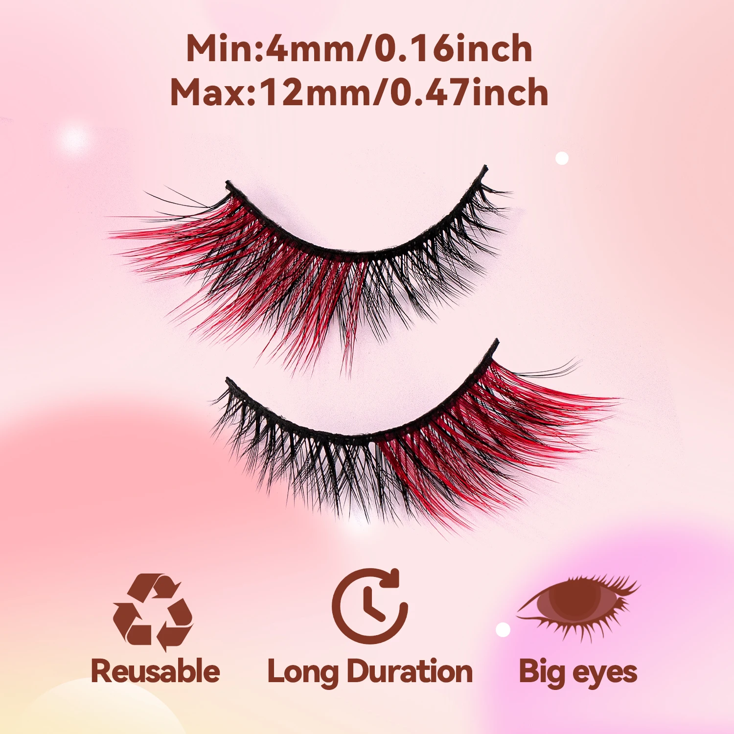 7 paia di occhielli rossi di colore misto con ciglia finte color croce allungate da 12 mm, un must per Natale/Halloween