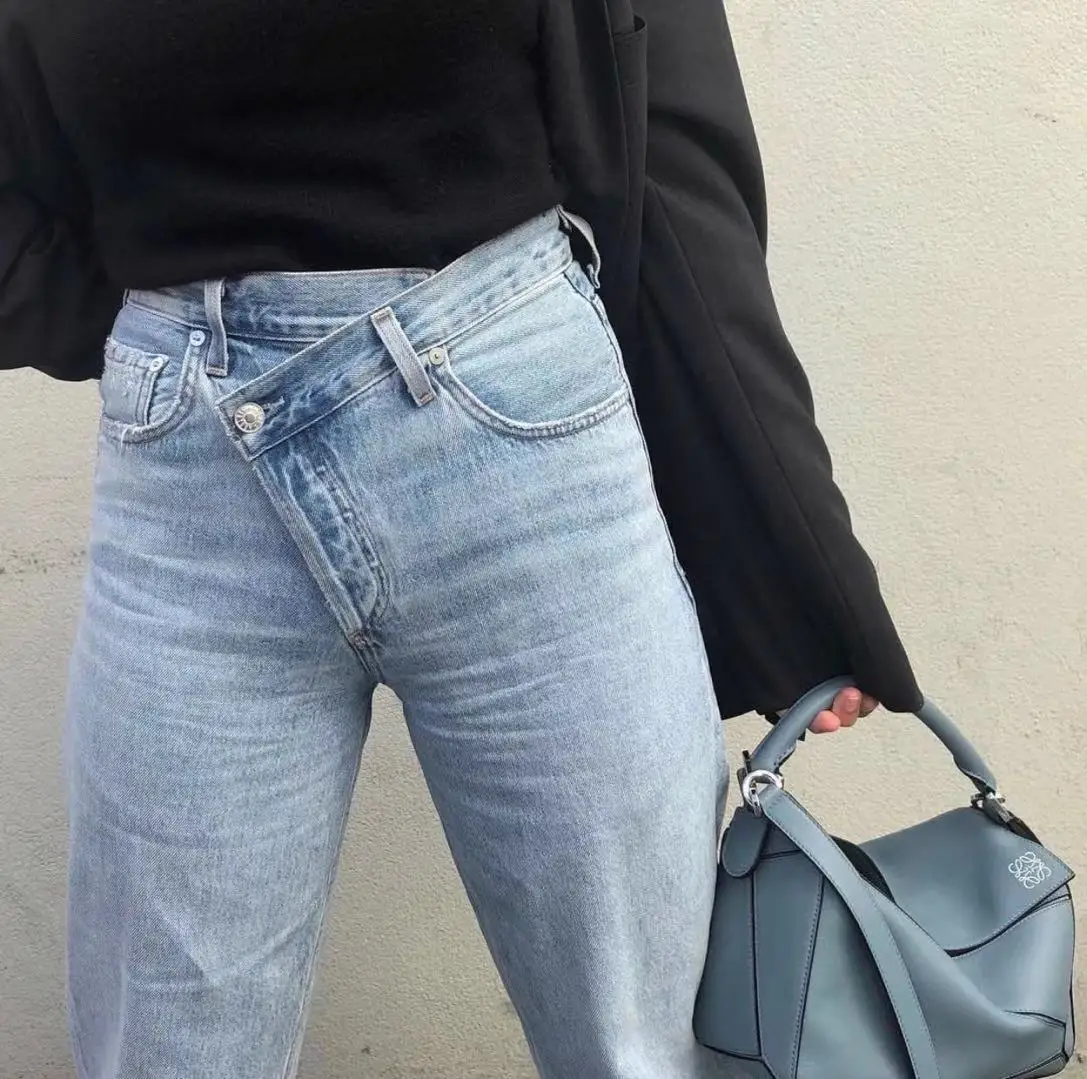

Retro High Waist Asymmetrical Crossed Design Loose Straight Leg Slimming Jeans Dad Pants Washed Light Blue Long Trousers