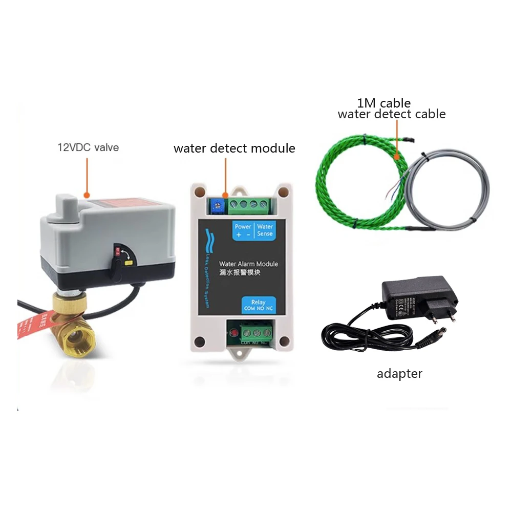 conjunto de modulo de vazamento de agua 12vdc com valvula de corte de cabo de 1200m saida de rele nc sem para sistema de alarme gsm sensor de vazamento de agua 1 01