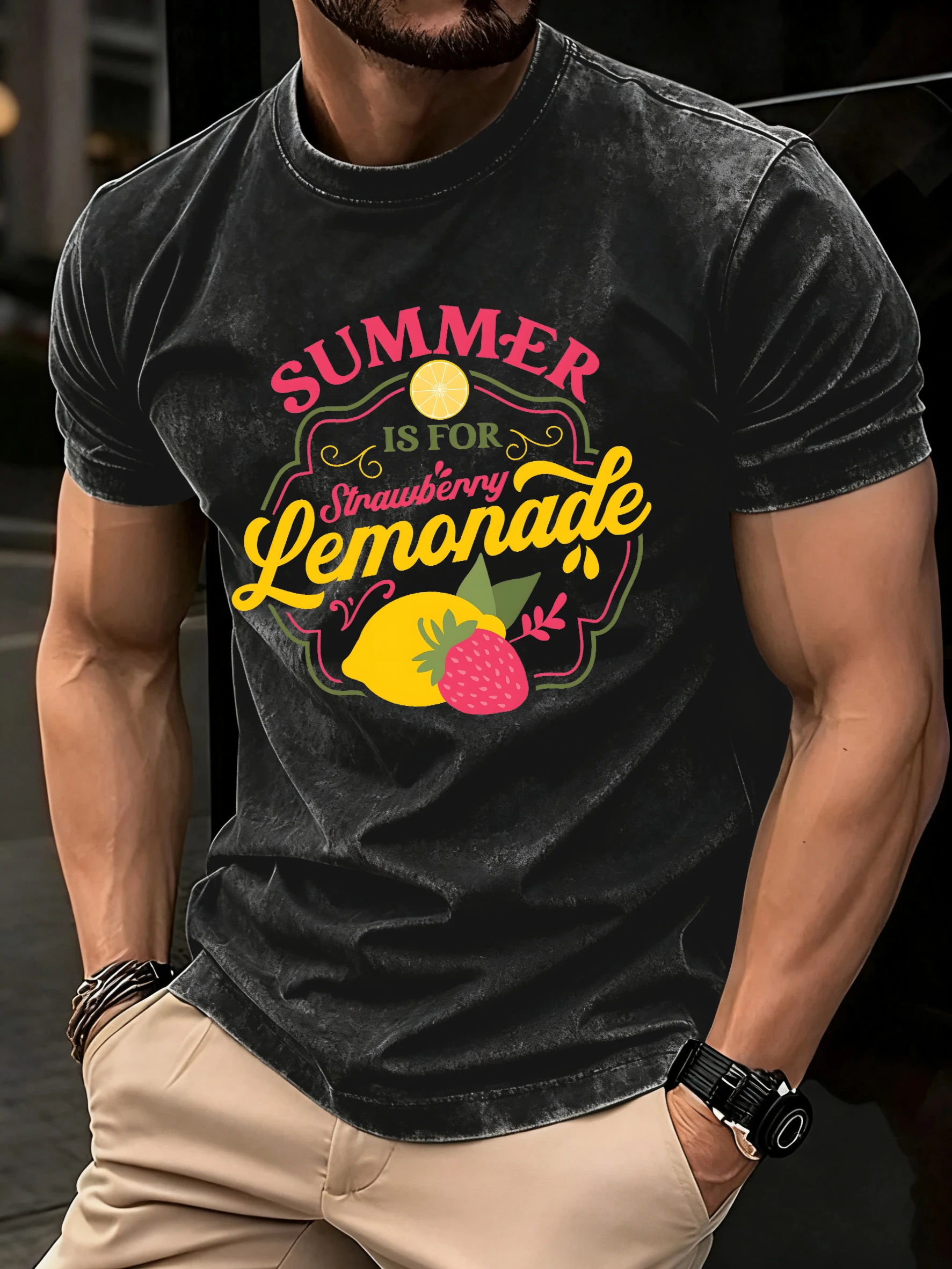 Verano es para fresa limonada frutas estampado moda cómoda ropa de calle hombre suave camiseta lavada fresco todo fósforo manga corta