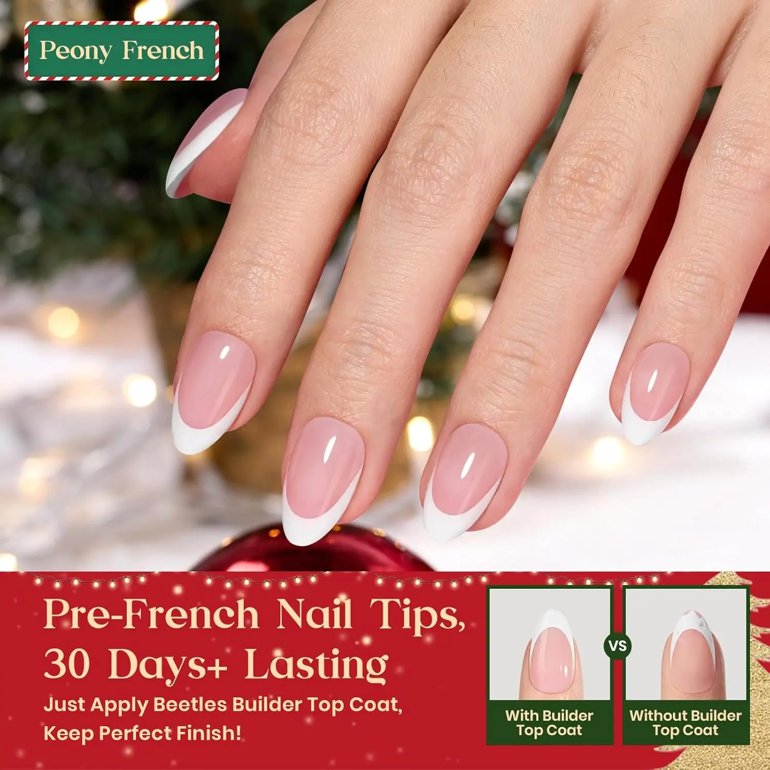 Krótki zestaw paznokci sztucznych w stylu french press-on, kształt migdałek, z 224 tipsami, klejem, płynem do usuwania, top coatem i mini lampką - prezent do samodzielnego manicure