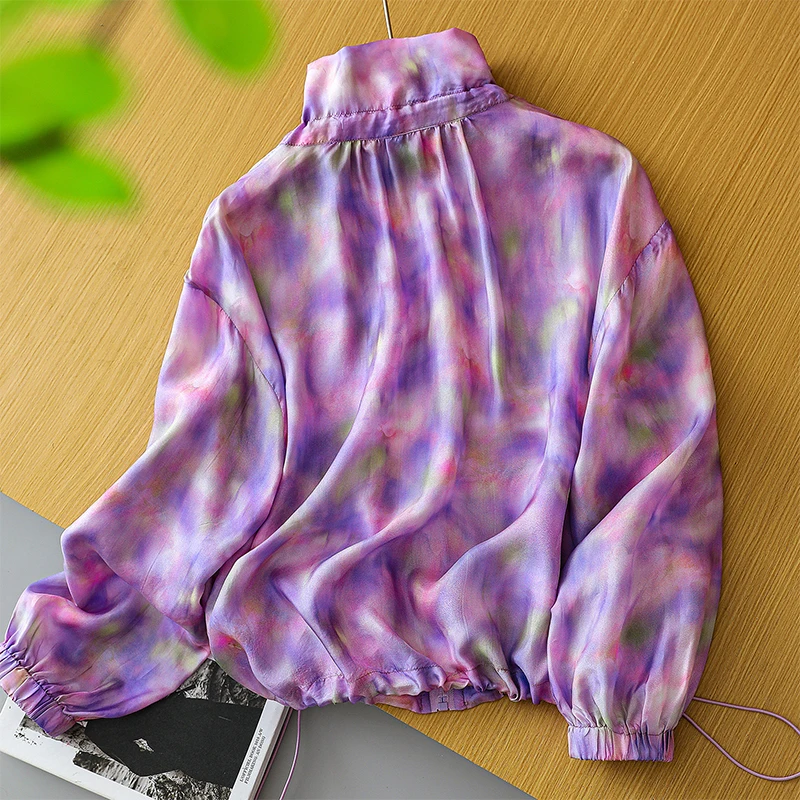 100% Mulberry Silk Thin Type Women Coat Purple Printed Zippers-up Long Sleeve Casual Top Jacket Blouse ZZ003