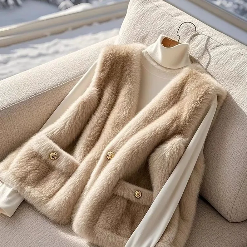 Women Faux Lamb's Wool Fur Vest New Autumn Winter Soft Warm Imitation Mink Sleeveless Fur Jacket Lady V-Neck Casual Waistcoat
