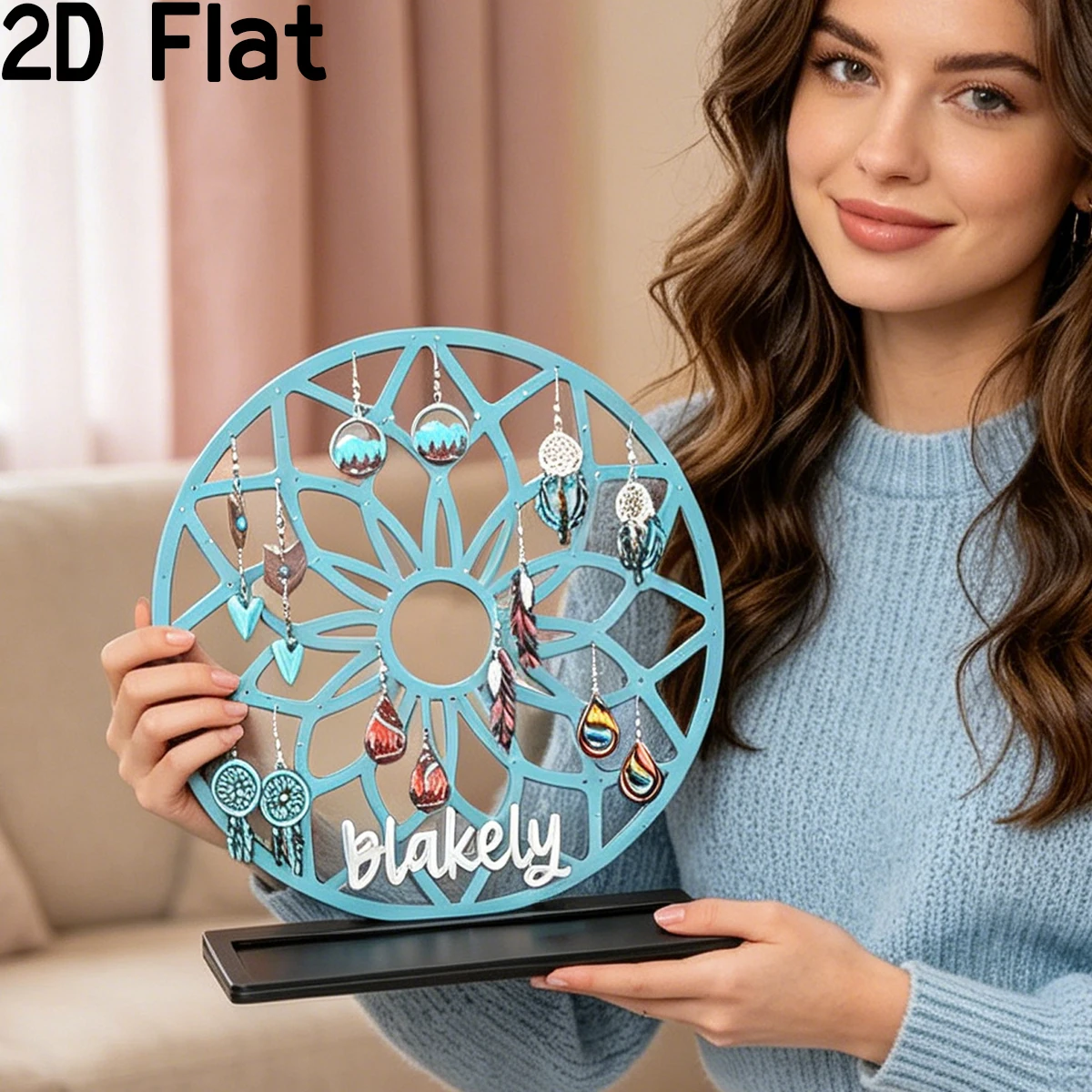 1pc Custom Blue Flower Wood Acrylic Earring Holder: Wooden Jewelry Organizer,Birthday Wedding Party Decor Gifts for Home friend