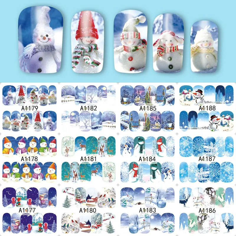 Nail Water Decals Christmas Elements X'mas Tree Snowflake Snowman Santa Claus Nail Art Stickers Manicure Slider Nail Supplies