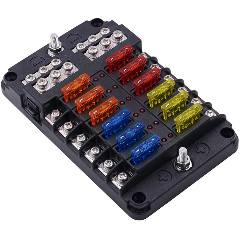 

Hot 12V 32V Plastic Cover Fuse Box Holder M5 Stud With LED Indicator Light 12 Ways Blade For Auto Car Boat Marine Truck