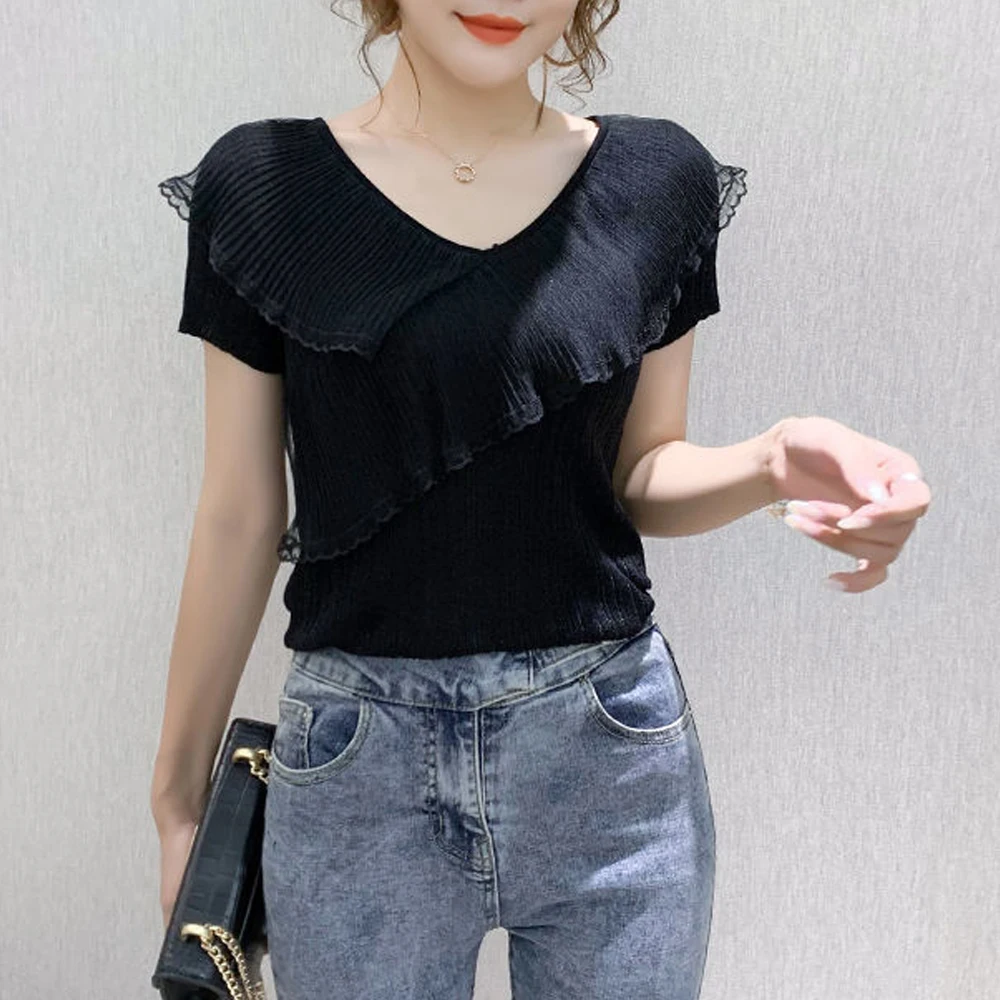 Women Short Sleeve V-Neck Knitted T Shirt Office Lady Sweater Pink Violet Tees Female Fashion Spliced Chiffon Ruffle Edge Tops