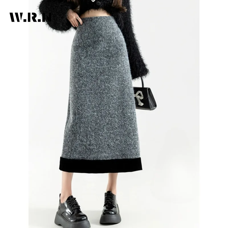 

2023 Winter Vintage Patchwork Elegant Knitting Mid Long Skirts Women's Casual Sweet Style High Waist Slim Fit Elegant Sexy Skirt