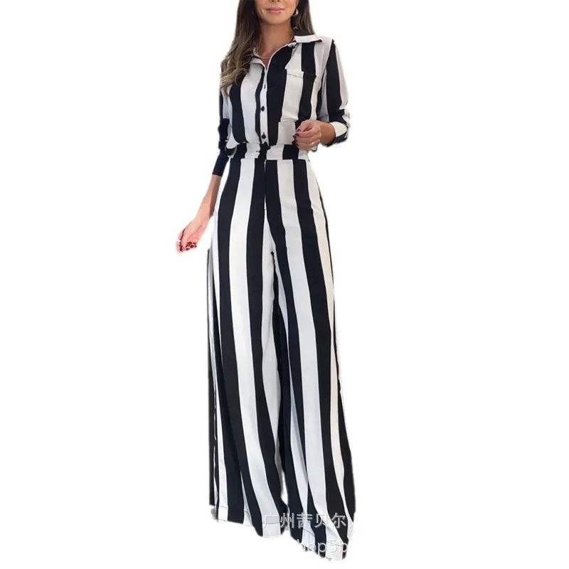 Two Piece Sets Women Striped Pants Set Elegant Turn Down Neck Full Sleeve Shirts Button High Waist Wide Leg Long Pants Casual