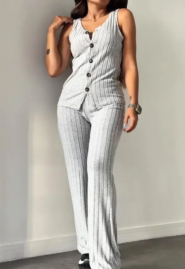 

2025 V-Neck Sleeveless Button Up Vest and High Waisted Straight Leg Pants Set for Summer Women's Casual Ribbed Fleece Home Wear