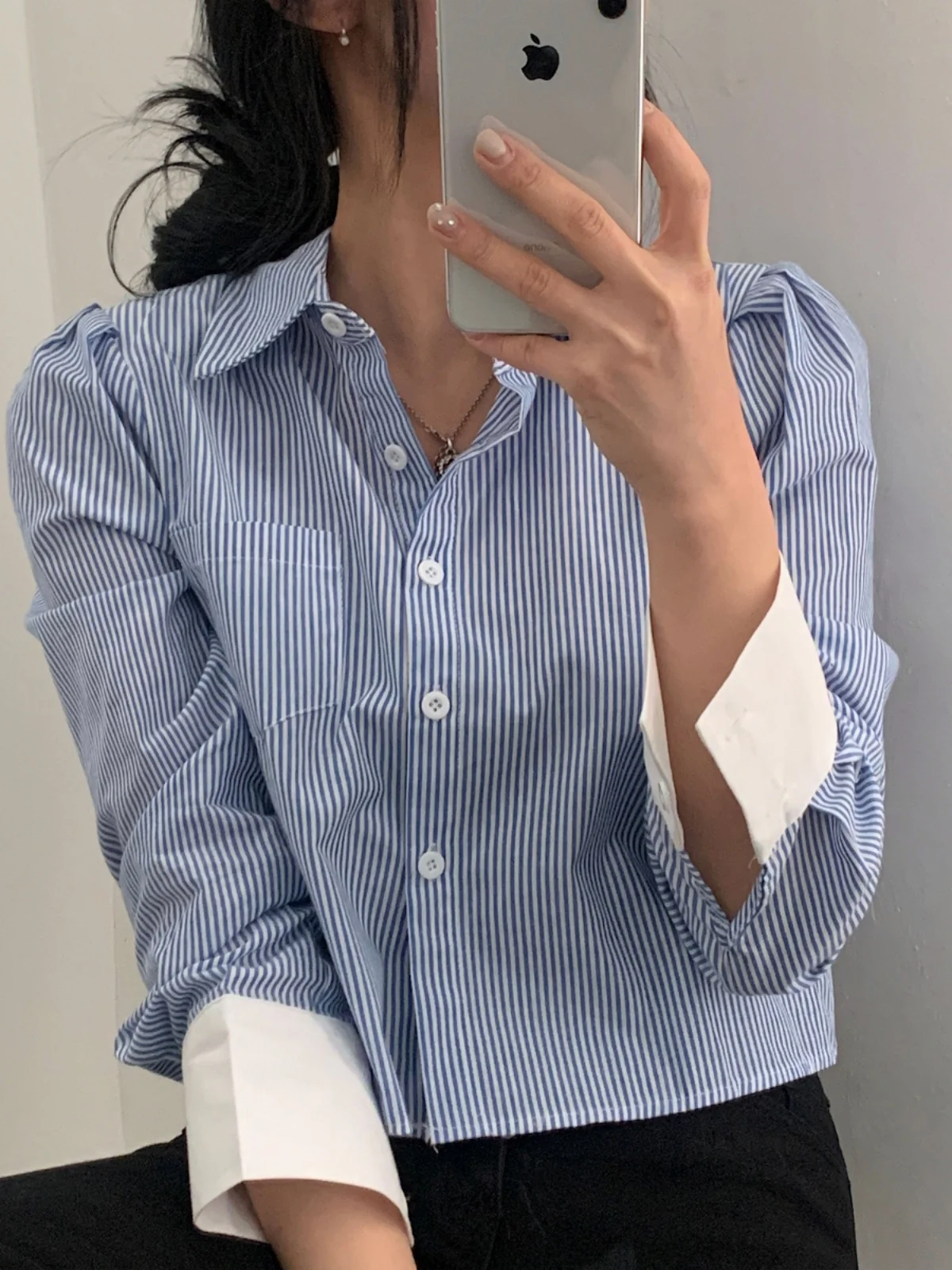 

Весенние поездки на работу Sle Plaid Bubble Sve ort irt Винтажный воротник Цвет Blo Design Женский воротник Длинный Sve irt