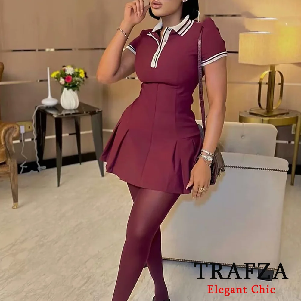 TRAFZA-Women Fashion 2025 Spring Summer Burgundy Dress Contrasting Ribbed Lapel Buttons Dress Classic Campus Angola Red Dress