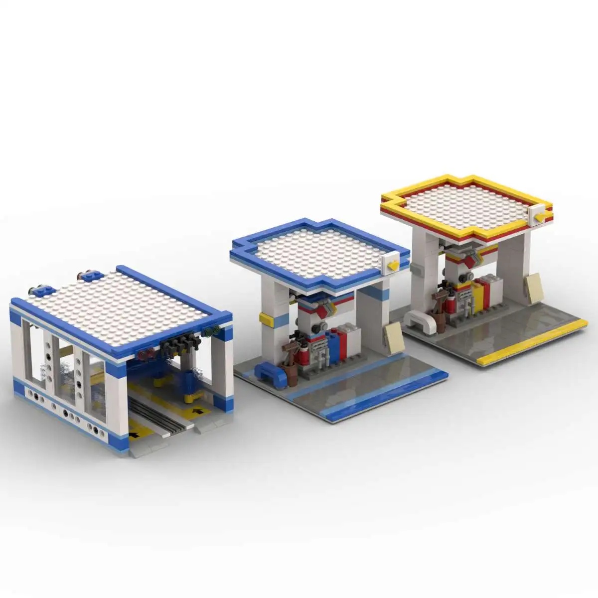 MOC Building Block Model, Urban Gas Station Decoration, Street View Small Car Self-service Car Wash Shop, Children's Toys