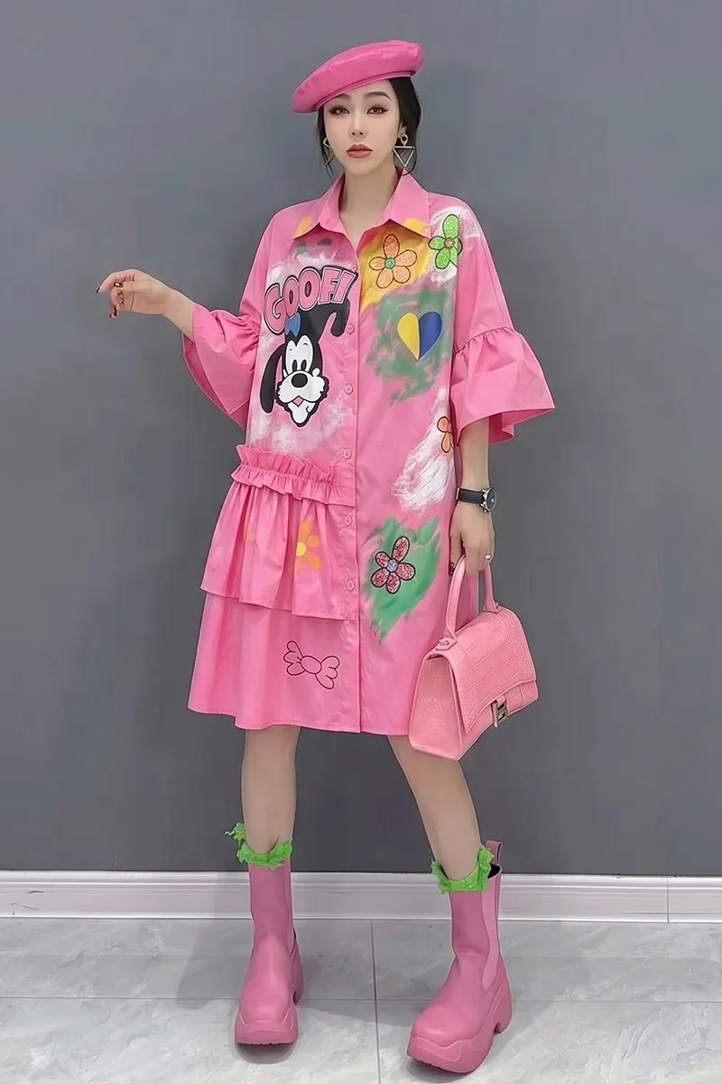

2026 Summer New Elegant Loose Carton Printed Shirts Dresses Women Casual Short Sleeve Dress Wholesale J2286